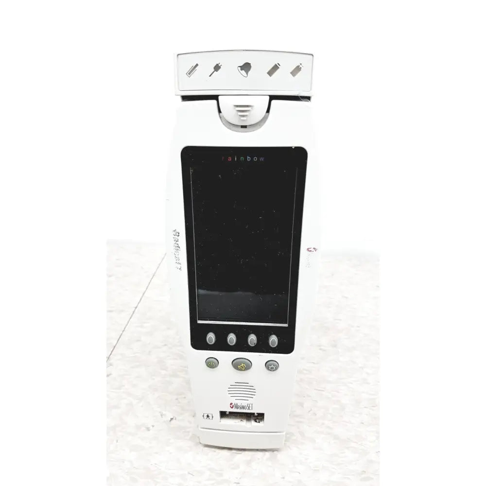 White plastic masimo radical-7 signal pulse oximetry touch color patient monitor with black screen and motorola logo