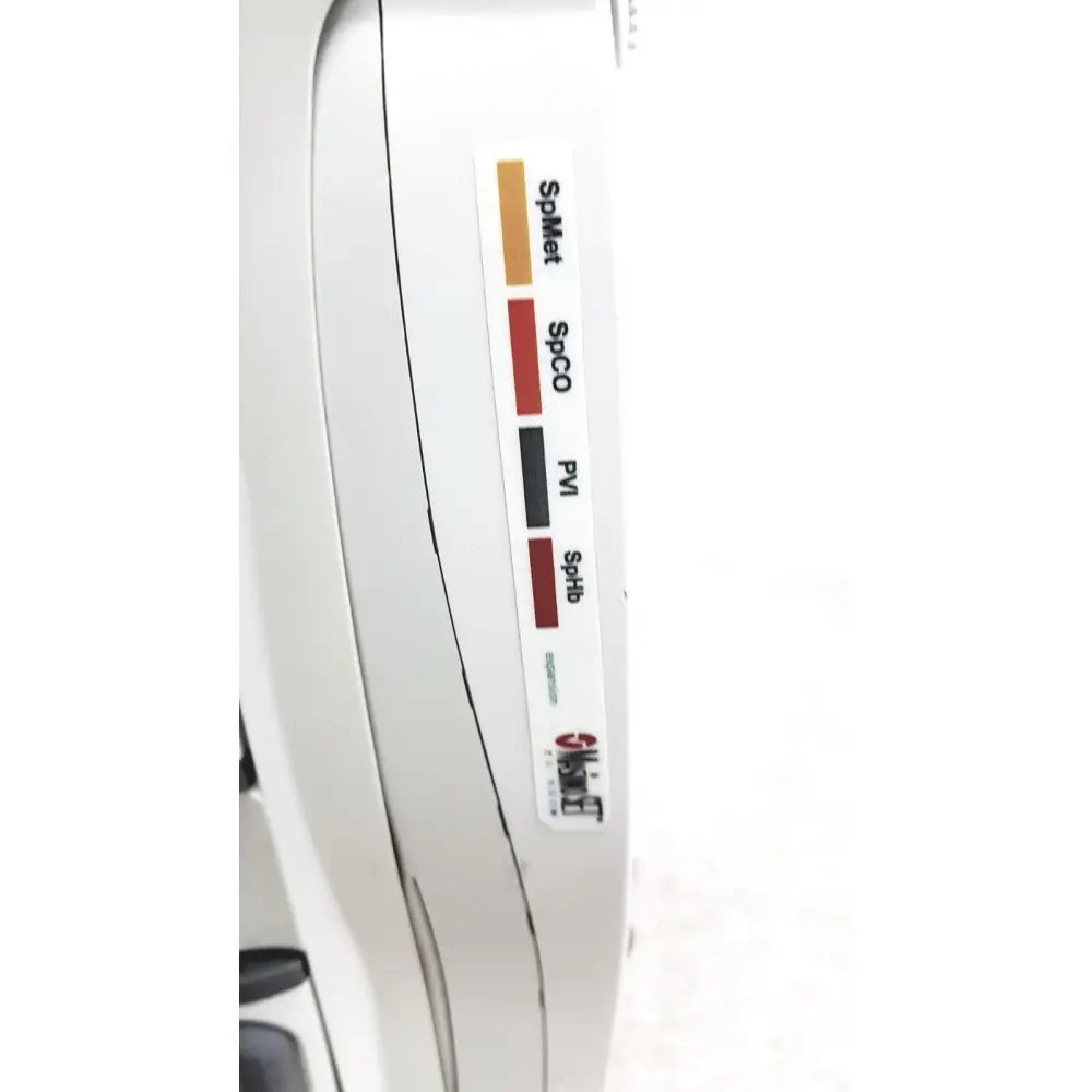 White plastic label with colored gas type stripes on masimo radical-7 signal pulse oximetry touch color monitor