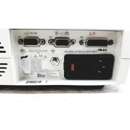 Back panel of masimo radical-7 white medical equipment with d-sub connectors and power input for pulse oximetry touch color