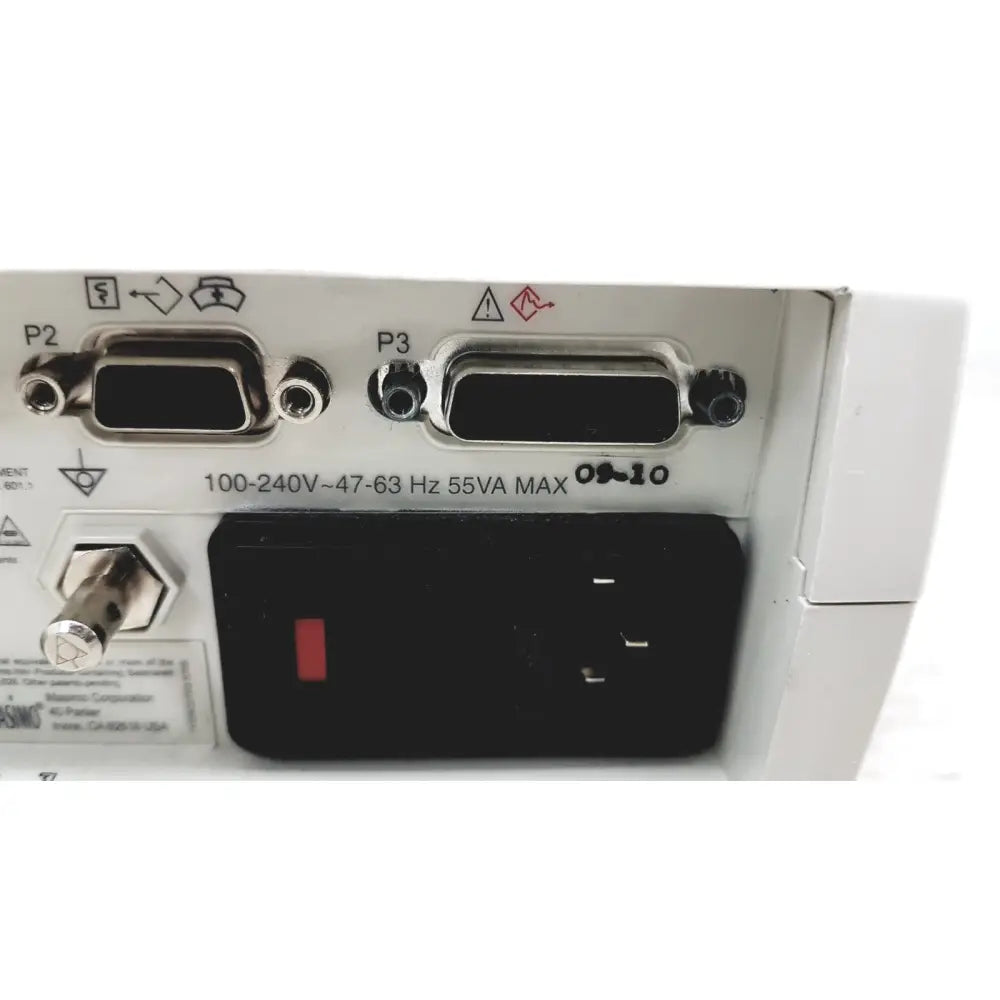 Back side of white masimo radical-7 signal pulse oximetry touch color patient monitor with d-sub connectors and power socket