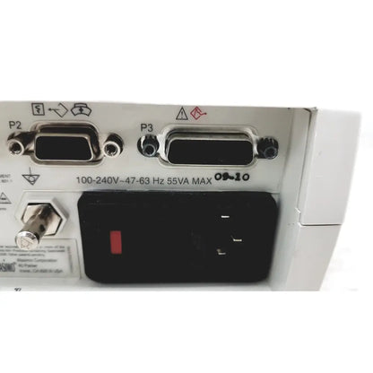 Back side of white masimo radical-7 signal pulse oximetry touch color patient monitor with d-sub connectors and power socket