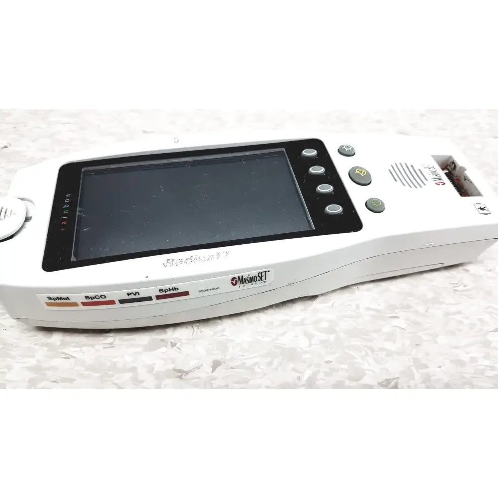 White plastic masimo radical-7 signal pulse oximetry touch color patient monitor with black screen and labeled buttons