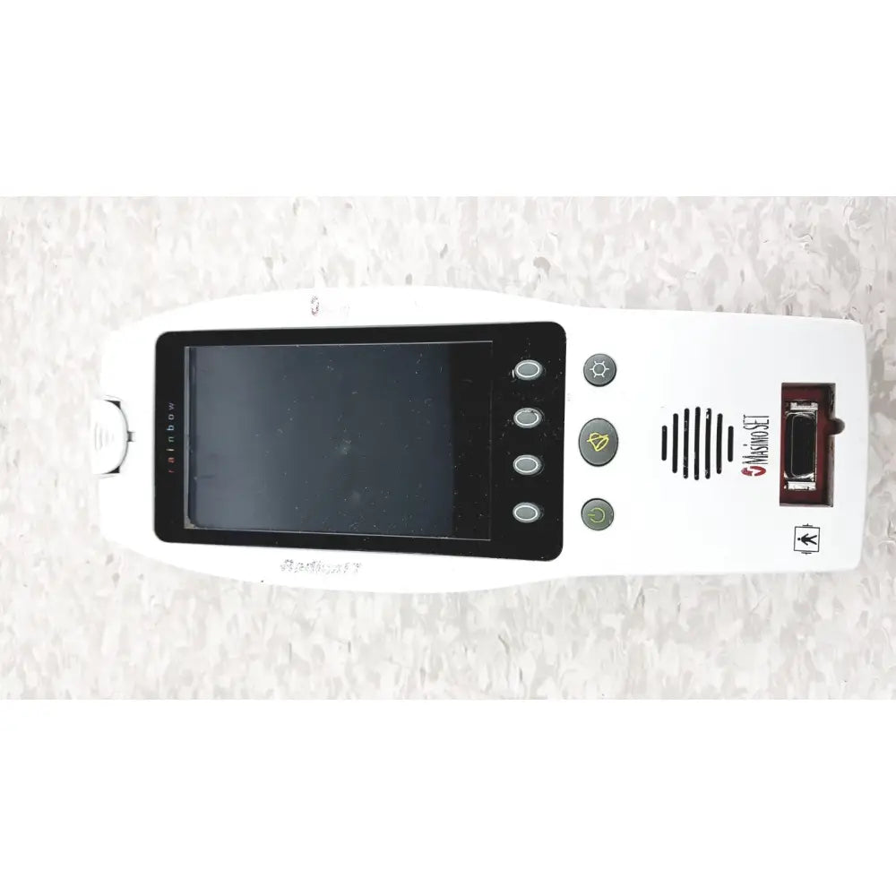 White handheld Masimo Radical-7 signal pulse oximetry device with black screen, silver buttons, and red port on right side