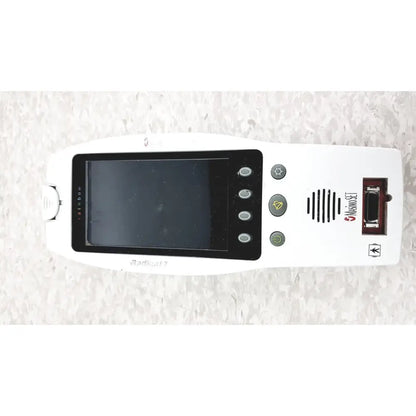 White handheld Masimo Radical-7 signal pulse oximetry device with black screen, silver buttons, and red port on right side