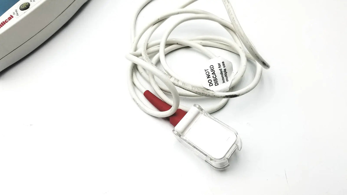 White coiled ecg lead with red connector and clear plastic clip for masimo set radical signal extraction pulse oximeter untested