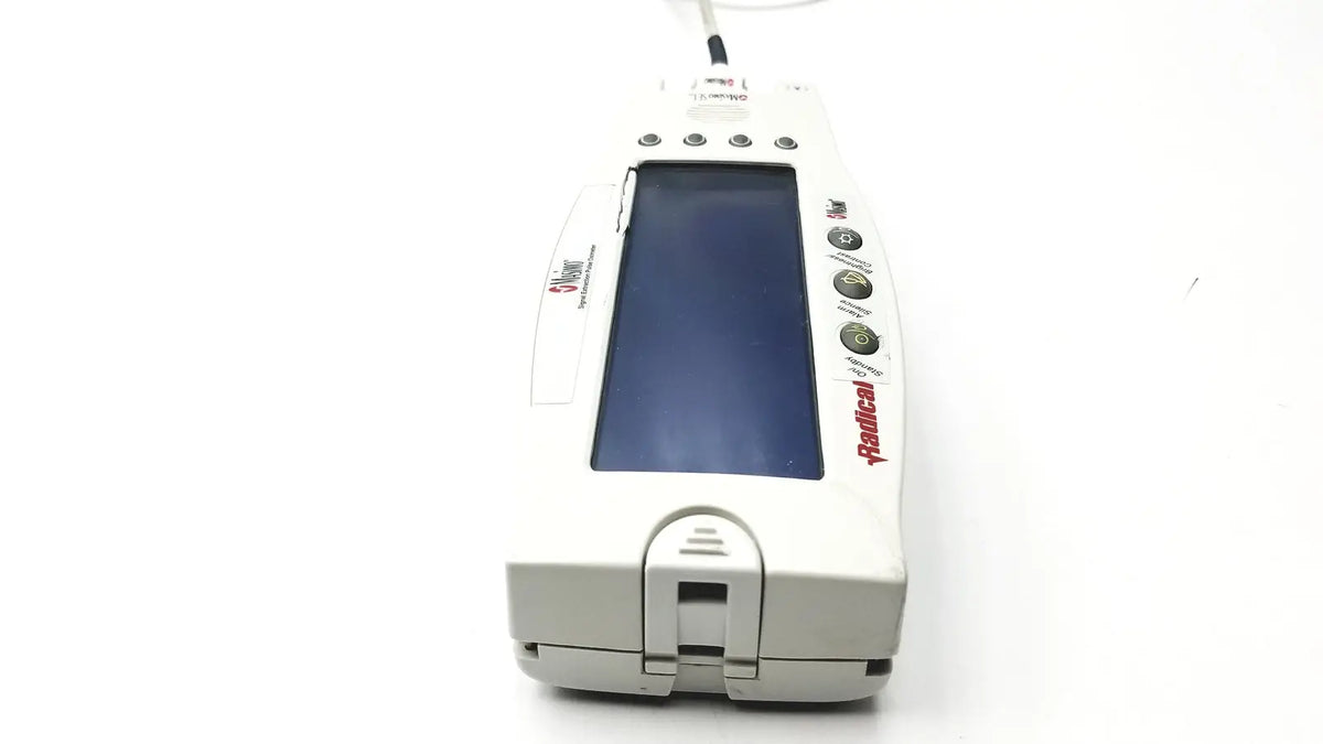 White radical infusion pump with rectangular screen and buttons featured in masimo set radical signal extraction pulse oximeter