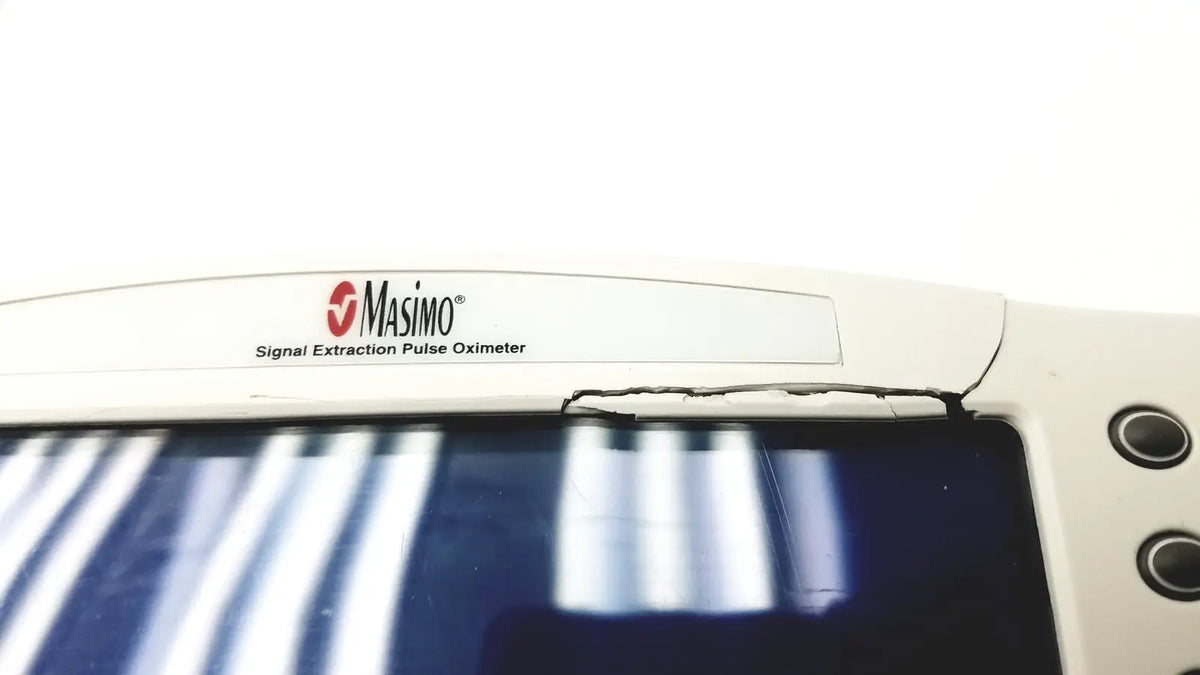 White masimo set radical pulse oximeter with sleek medical-grade design and dark blue screen showing radical signal extraction patterns