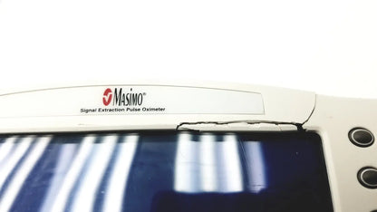 White masimo set radical pulse oximeter with sleek medical-grade design and dark blue screen showing radical signal extraction patterns