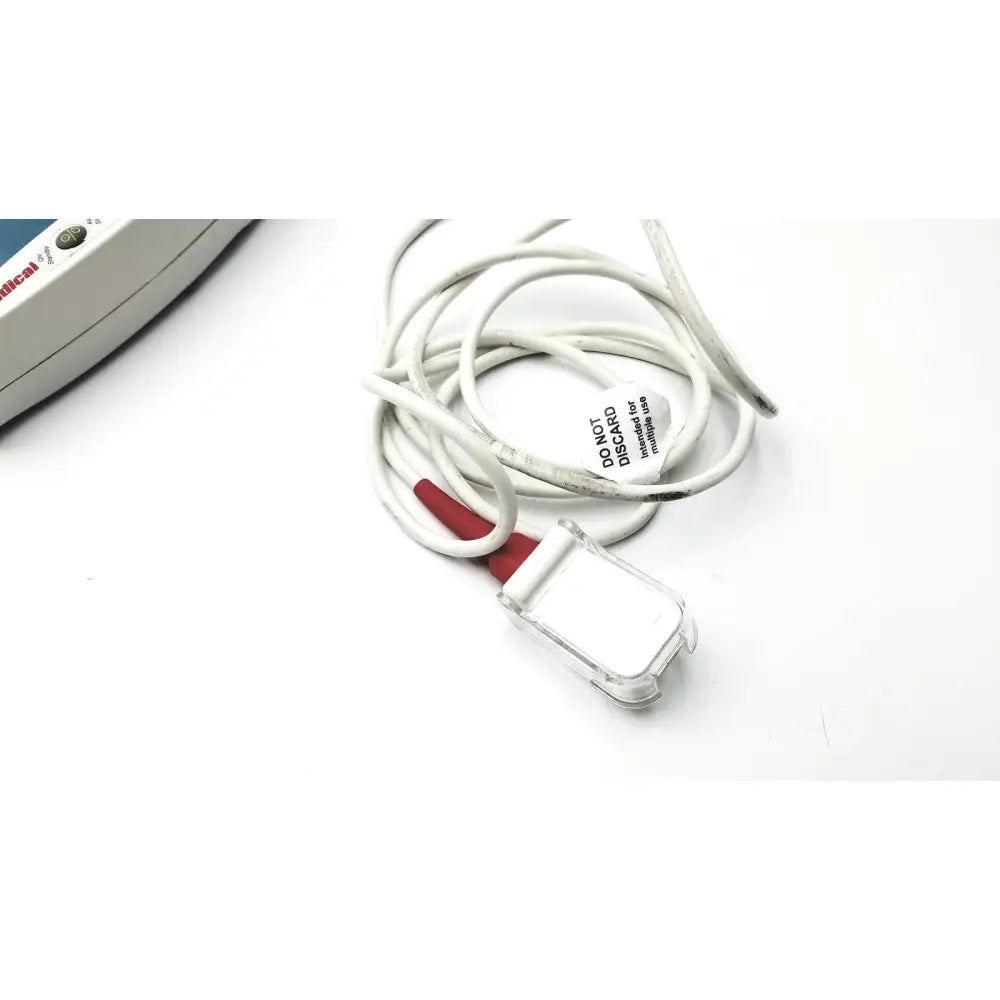 White coiled ecg lead with red connector and clear plastic clip for masimo set radical signal extraction pulse oximeter untested