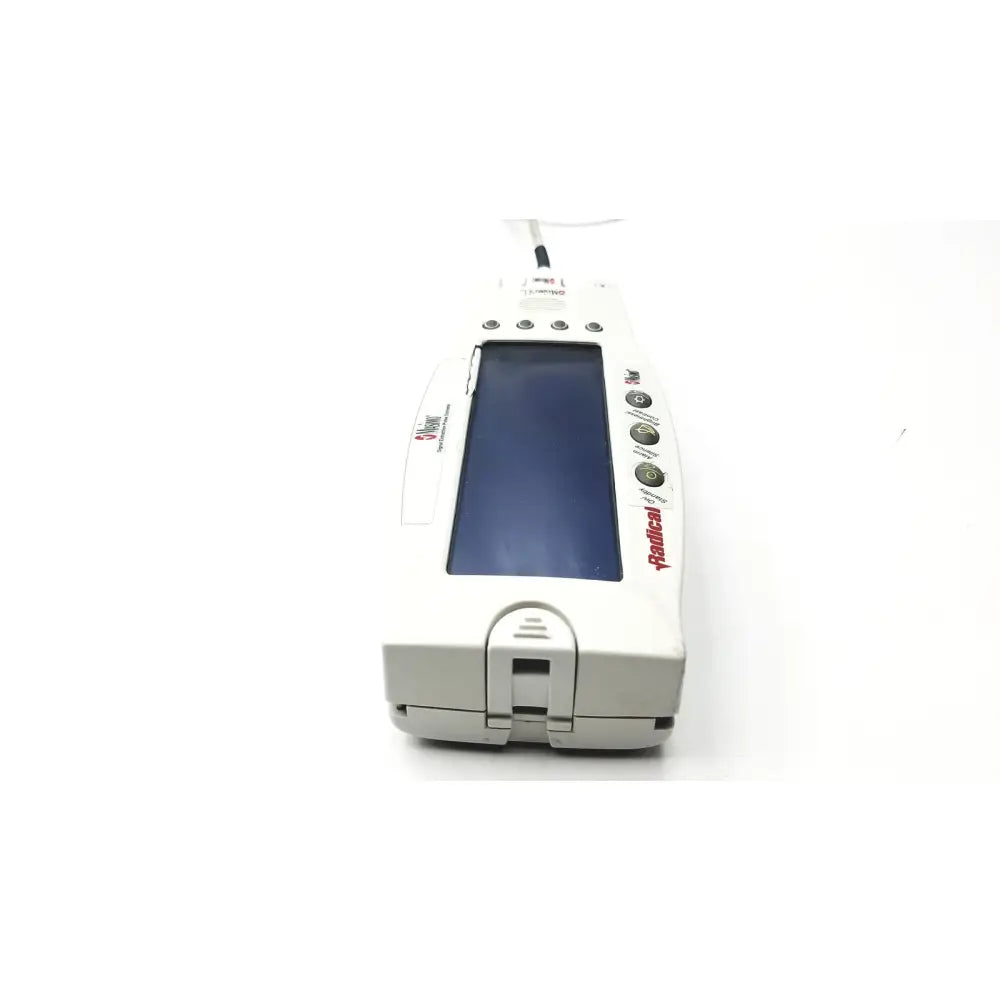 White radical infusion pump with rectangular screen and buttons featured in masimo set radical signal extraction pulse oximeter
