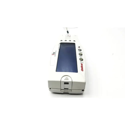 White radical infusion pump with rectangular screen and buttons featured in masimo set radical signal extraction pulse oximeter