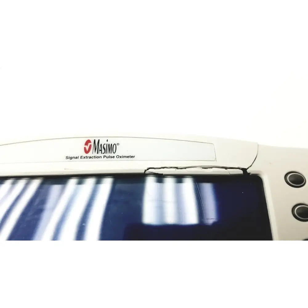 White masimo set radical pulse oximeter with sleek medical-grade design and dark blue screen showing radical signal extraction patterns