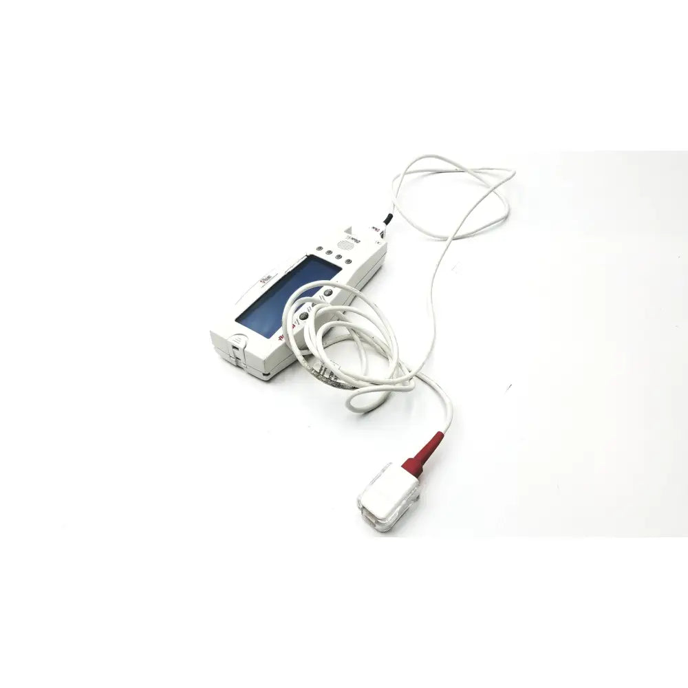 White masimo set radical medical monitor with blue screen and coiled cable featuring red connector for signal extraction use