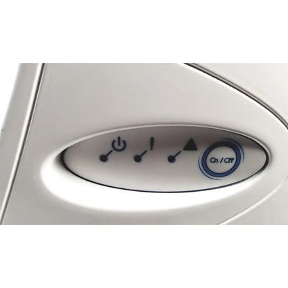 White plastic control panel with black icons and blue ringed on off button on mauna kea technologies f400 v2 cellvizio console