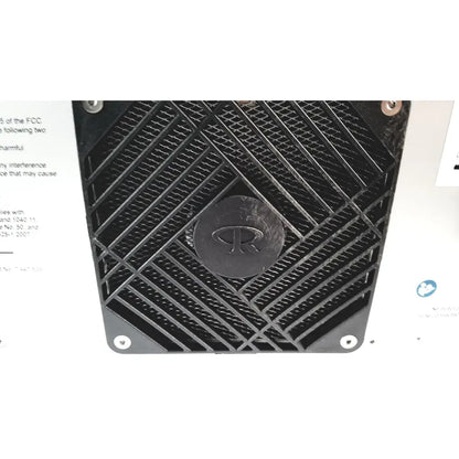 Black rectangular grille with diamond-patterned mesh and circular logo on mauna kea technologies f400-v2 cellvizio console