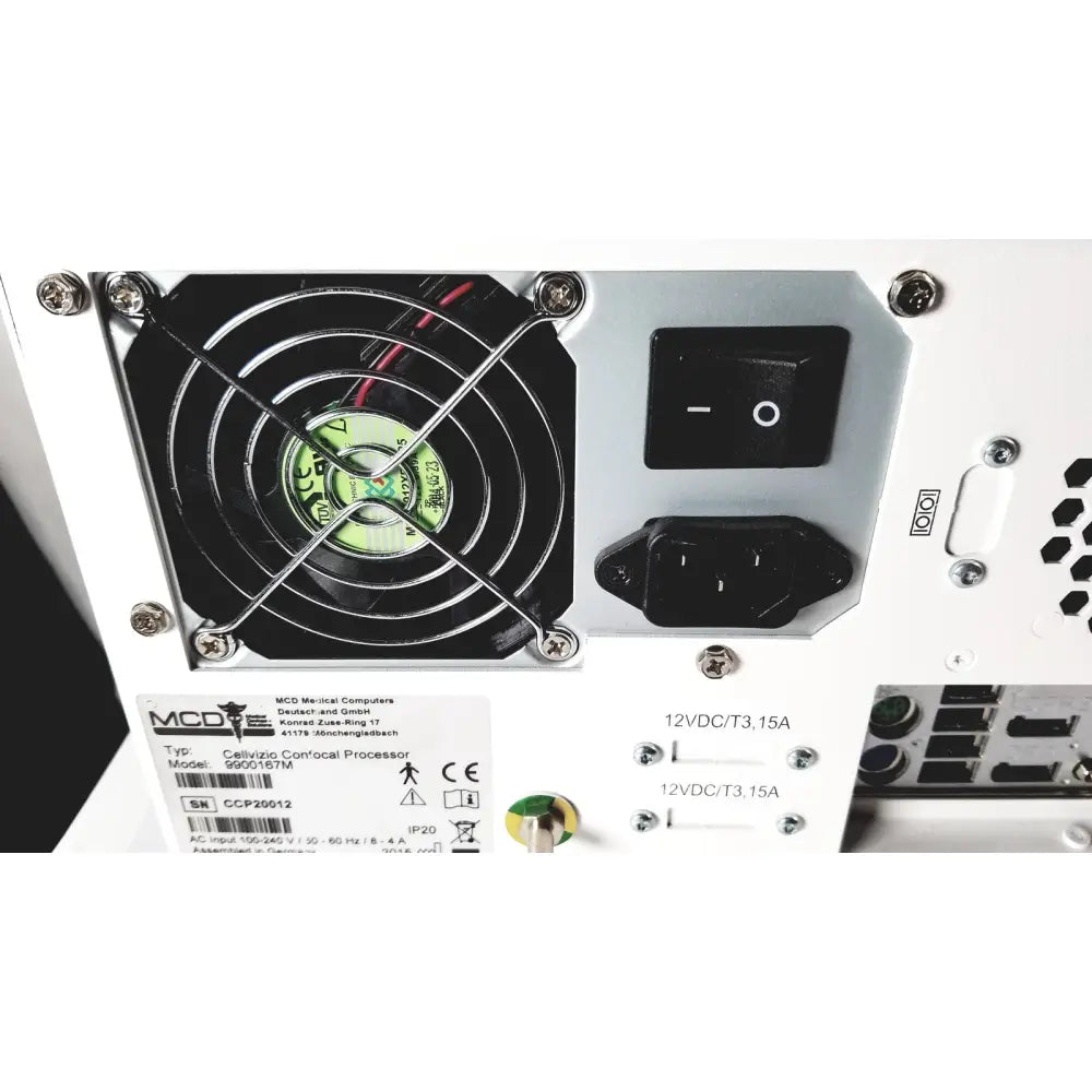 White mcd medical computers cellvizio confocal processor 9900167m with black fan and power switch on case