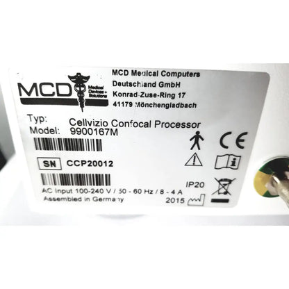Mcd medical computers cellvizio confocal processor 9900167m with a sleek white label featuring black text and symbols