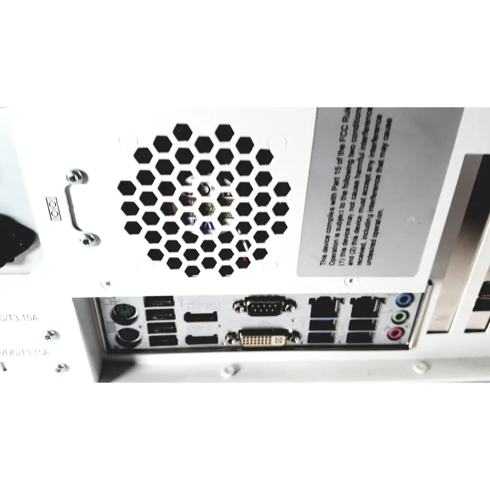 White medical computers cellvizio confocal processor 9900167m back with hexagonal ventilation and colored audio ports