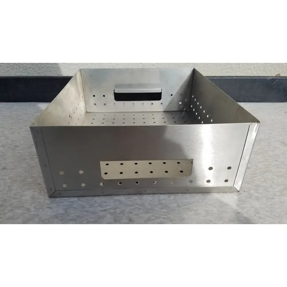 Stainless steel rectangular medical dental instrument sterilization basket with perforated sides and handle for surgical use