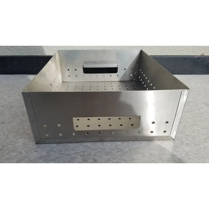 Stainless steel rectangular medical dental instrument sterilization basket with perforated sides and handle for surgical use
