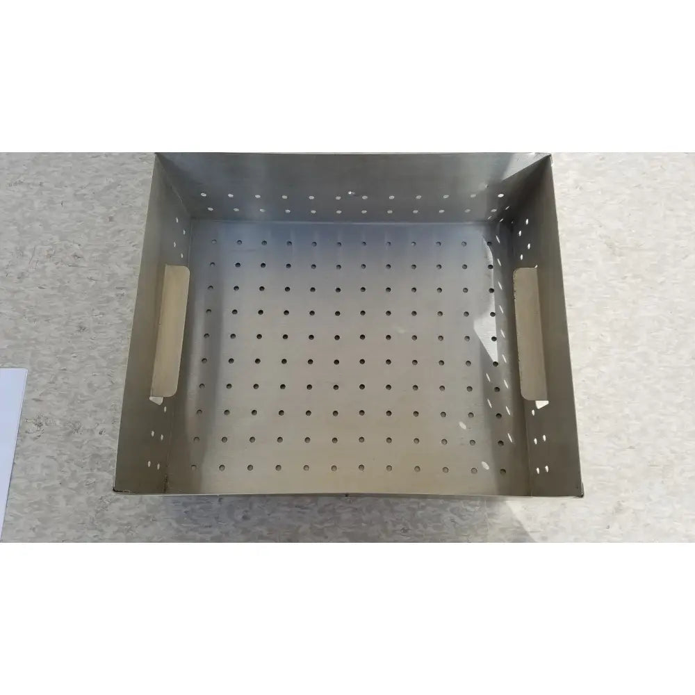 Stainless steel perforated square medical dental instrument sterilization basket with integrated side handles for instrument sterilization