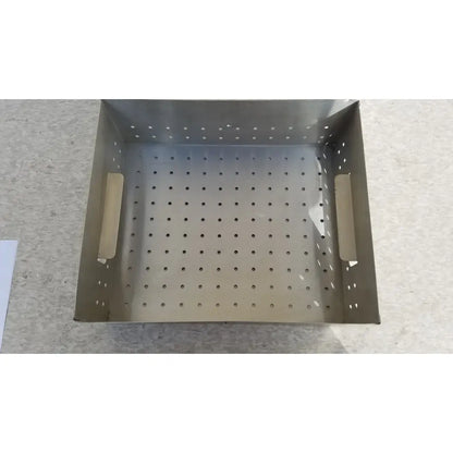 Stainless steel perforated square medical dental instrument sterilization basket with integrated side handles for instrument sterilization