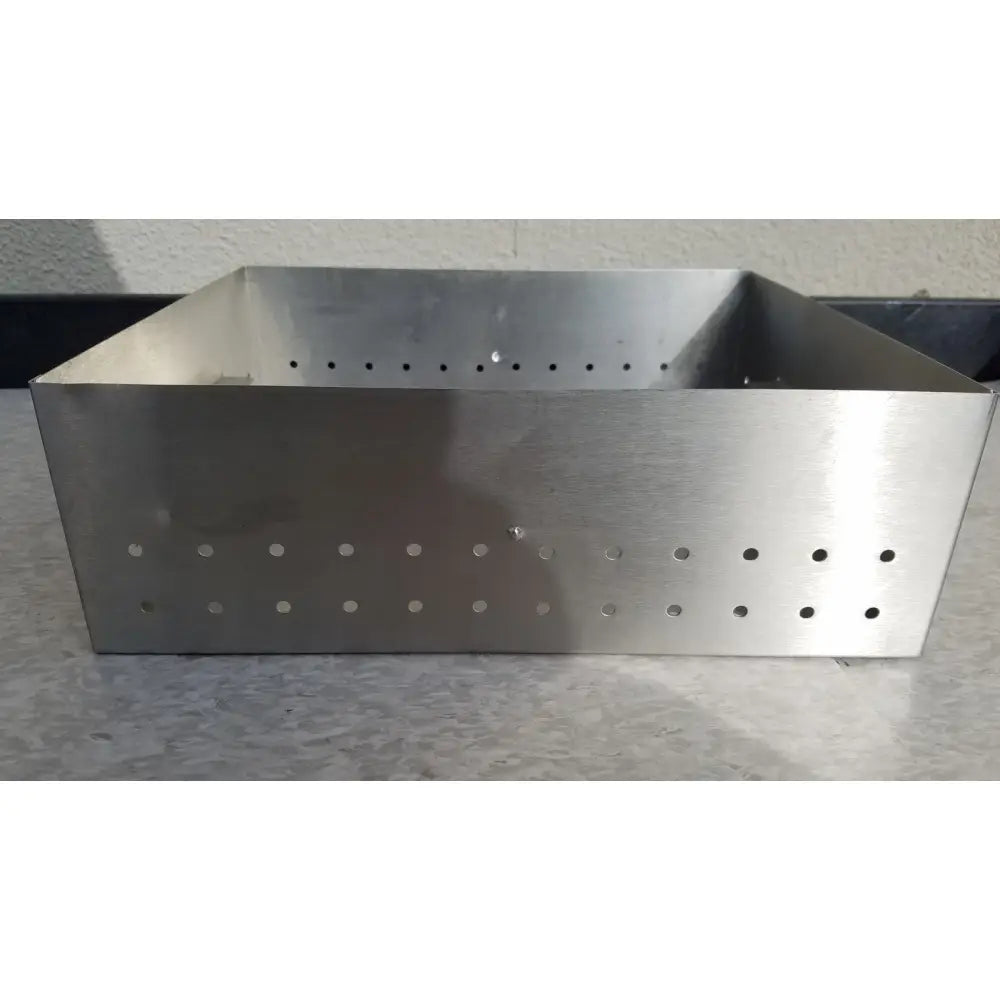 Rectangular stainless steel medical dental instrument sterilization basket with evenly spaced perforations for dental instrument sterilization