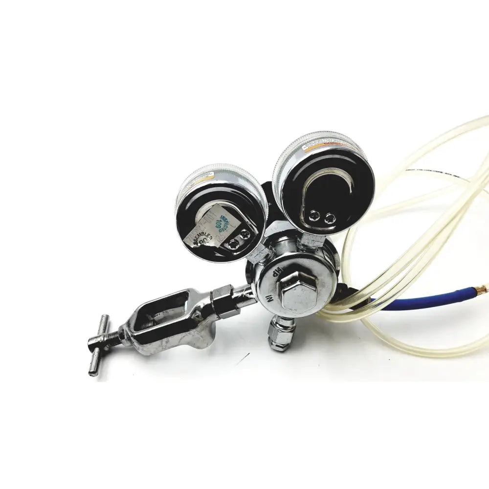 Chrome finished medical graphics corp comprressed gas regulator with dual pressure gauges and side-mounted valve