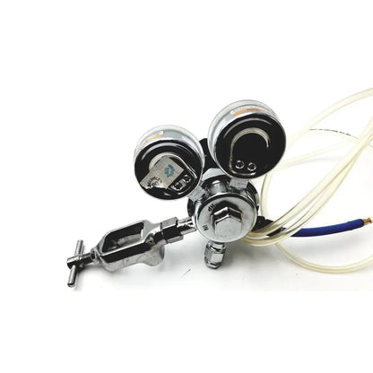 Chrome finished medical graphics corp comprressed gas regulator with dual pressure gauges and side-mounted valve