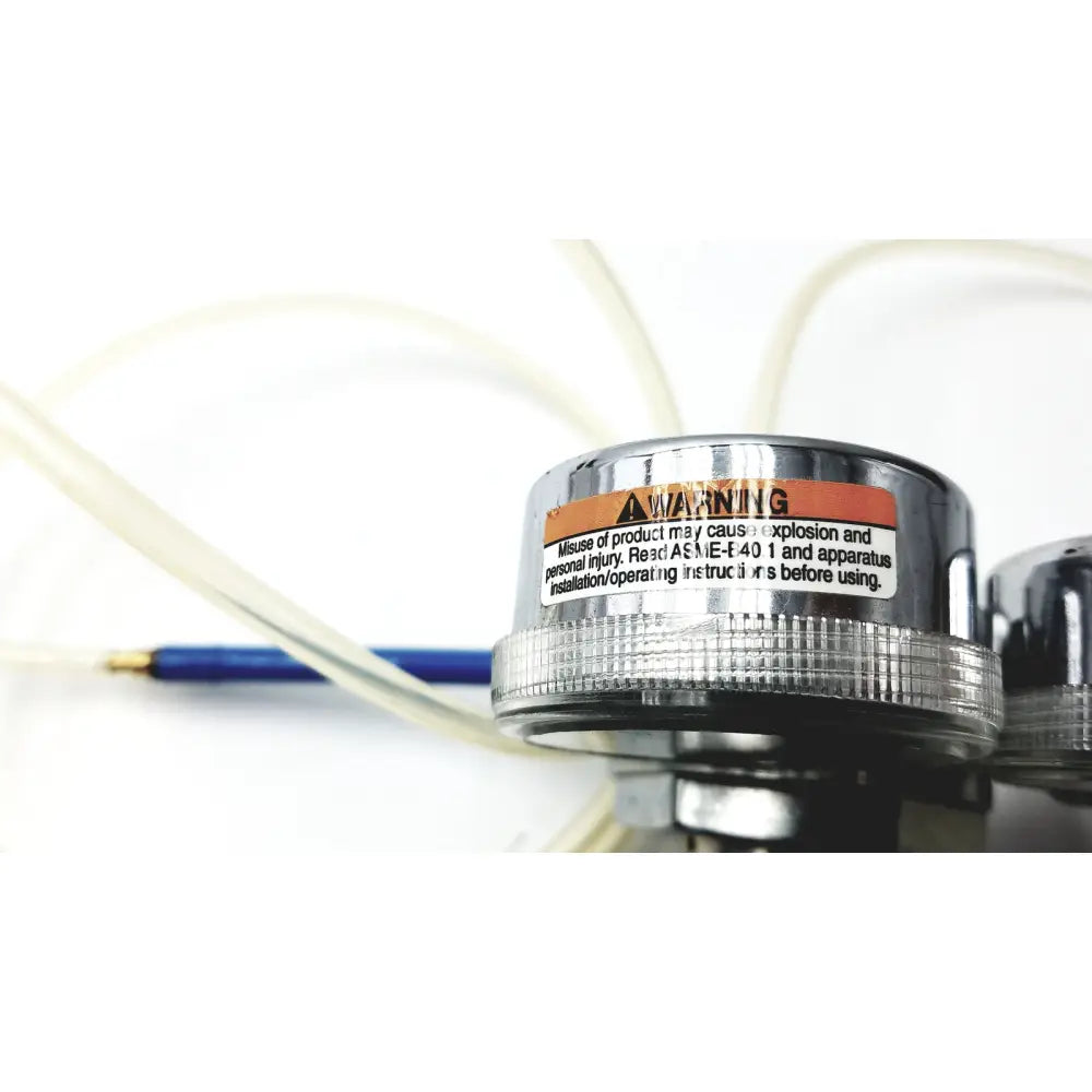 Chrome-finished medical graphics corp comprressed gas pressure sensor with textured grip ring and orange white warning label