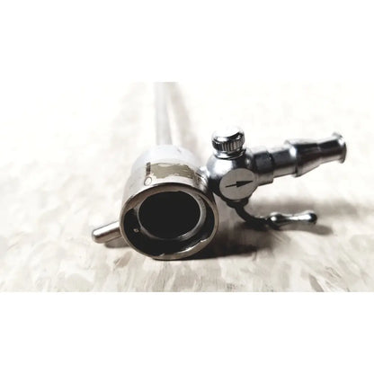 Shiny chrome medical horizon endoscope single valve sheath with circular lens opening and control knobs