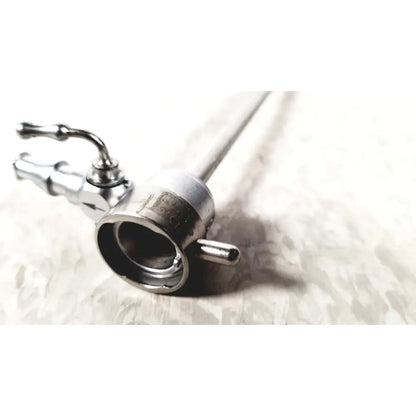 Silver-colored metal medical horizon endoscope with cylindrical body and articulated control handles for single valve use