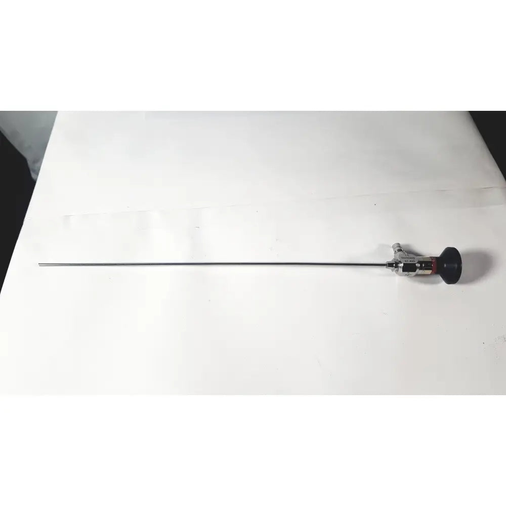 A sleek metallic medical horizons 23-3064 30 degree hysterroscope telescope with a black handle and 2.9mm shaft