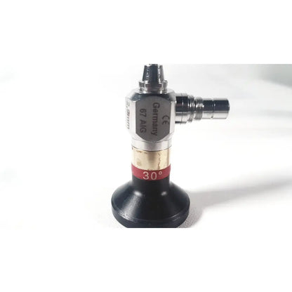 Silver and black gas valve with brass band marked 30 degree on medical horizons 23-3064 degree hysterroscope telescope