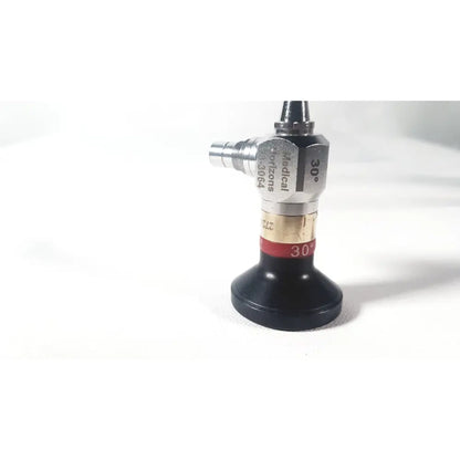 Black and silver medical horizons 23-3064 30 degree hysterroscope telescope with engraved markings and 30-degree angled tip
