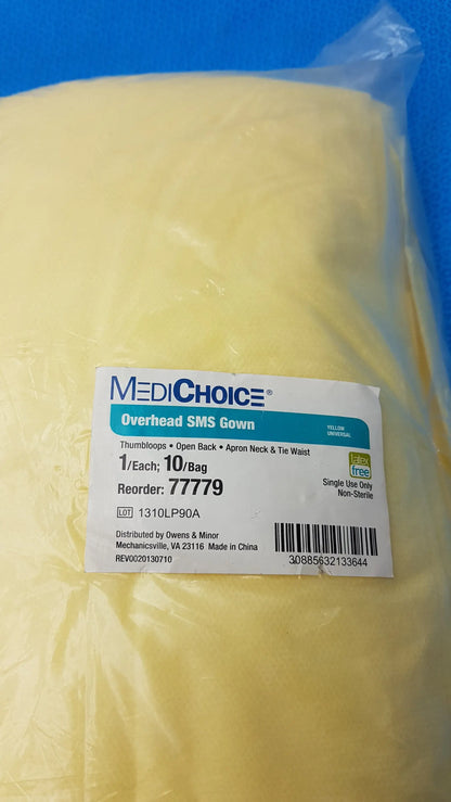 MediChoice Yellow Overhead SMS Isolation Gowns Size Large 10-Pack (Reorder 77779) - Isolation Gowns