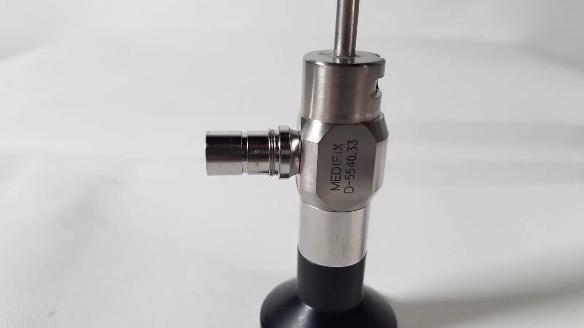 Silver metallic medifix autoclave d-5540.33 30 degree endoscope with black rubber base and engraved model number on body