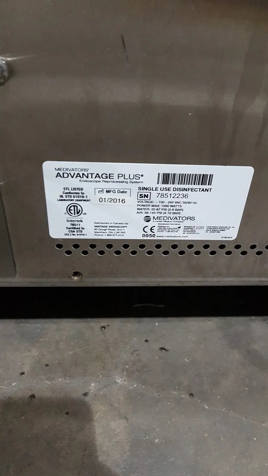 Medivators advantage plus single-use disinfectant label with black text on white background for plus endoscope reprocessor use