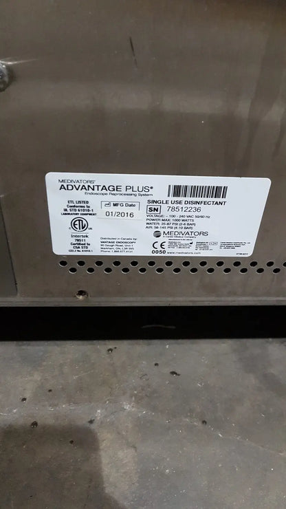 Medivators advantage plus single-use disinfectant label with black text on white background for plus endoscope reprocessor use