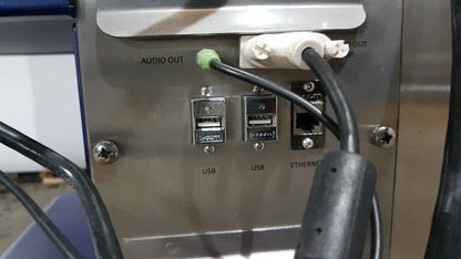 The back panel of the metallic medivators advantage plus endoscope reprocessor system with usb ports and ethernet connection