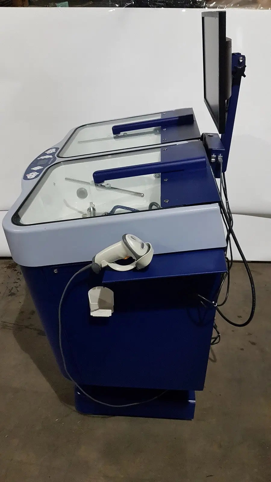 Blue and gray medivators advantage plus endoscope reprocessor system with monitor control panel and attached handpiece
