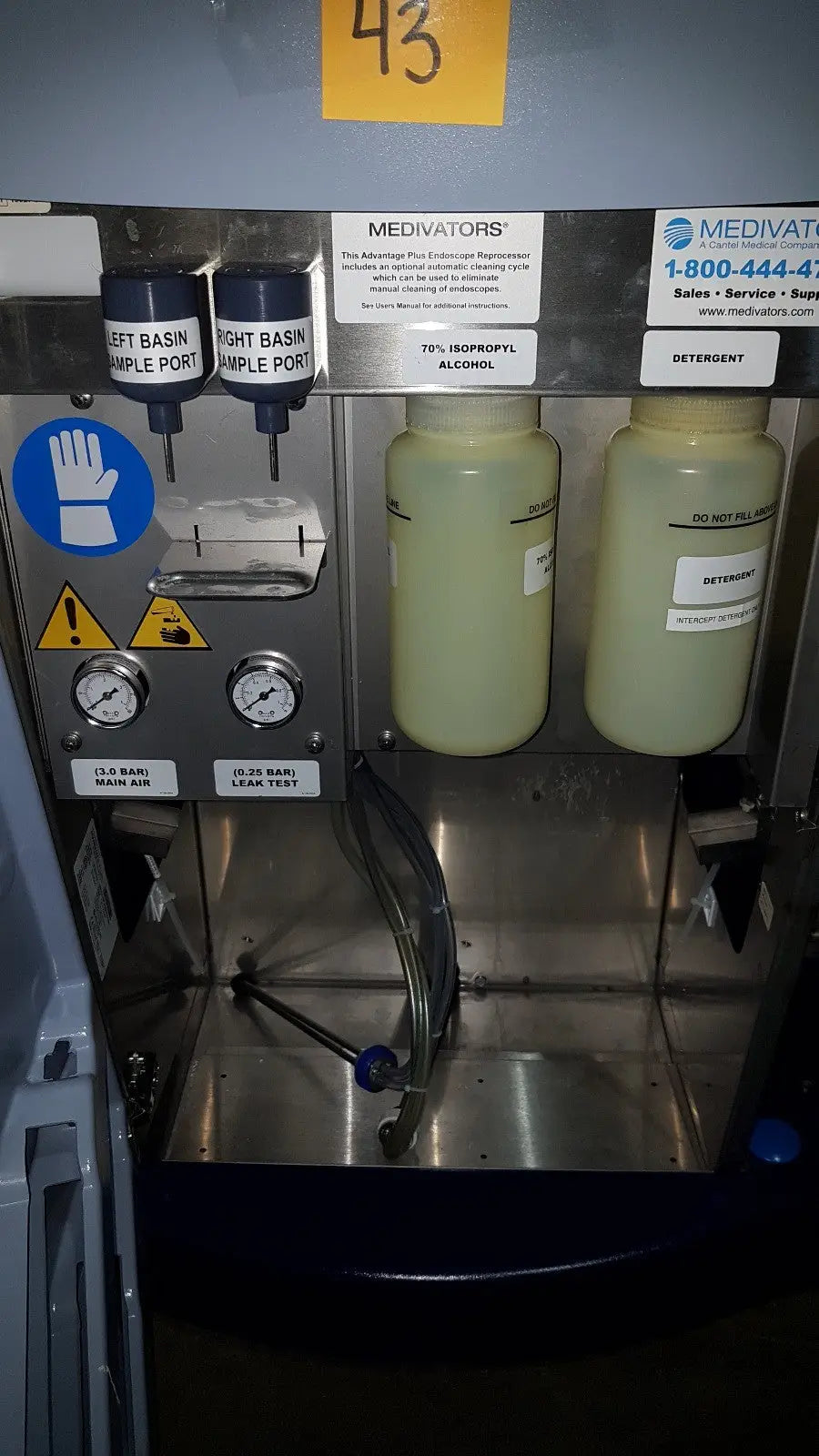 Medivators advantage plus endoscope reprocessor with stainless steel basin and labeled sample ports for cleaning agents