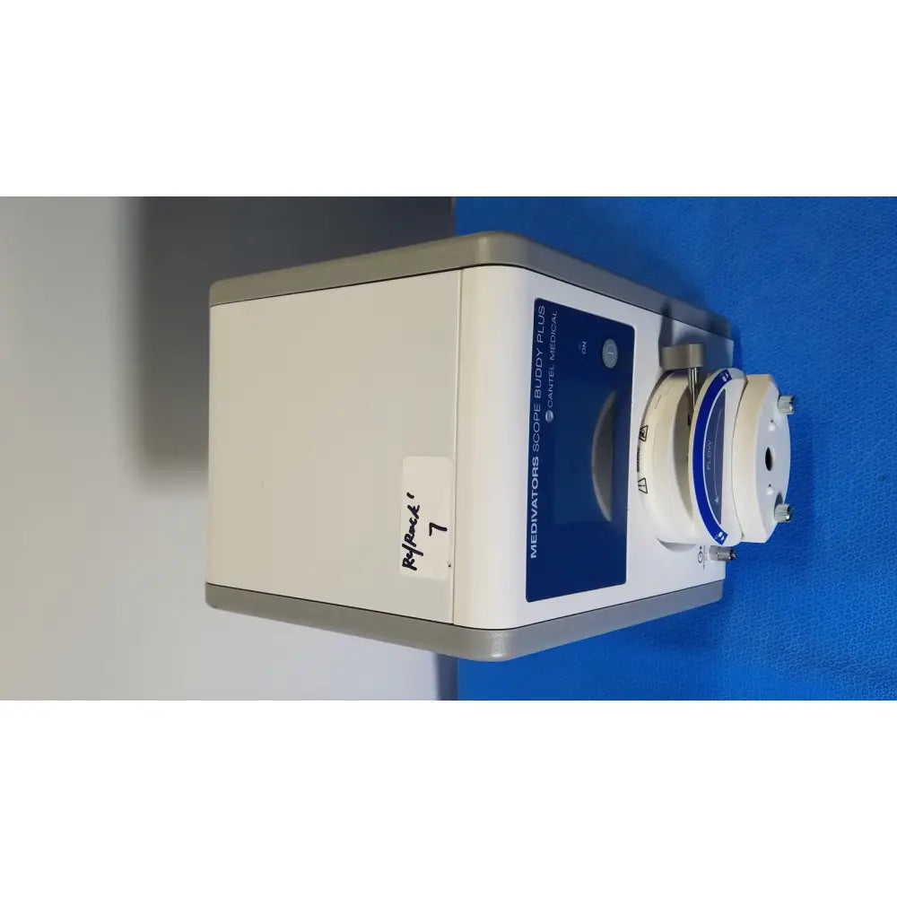 White and gray canted medical medivators scope buddy plus device with blue control panel for scope cleaning
