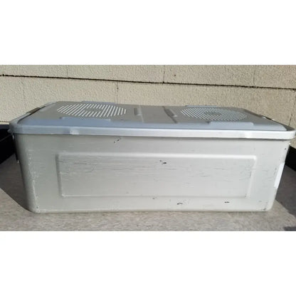 Gray plastic storage box with hinged lid and circular vents for medline aluminum storage and sterilization use