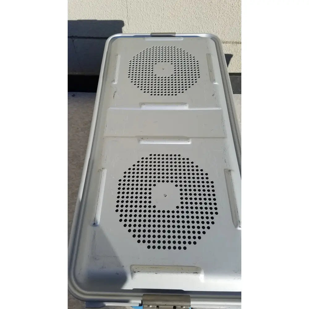Silver metallic aluminum laptop cooling pad with two circular vents and sturdy rectangular design for medline aluminum storage