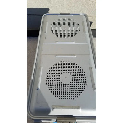 Silver metallic aluminum laptop cooling pad with two circular vents and sturdy rectangular design for medline aluminum storage