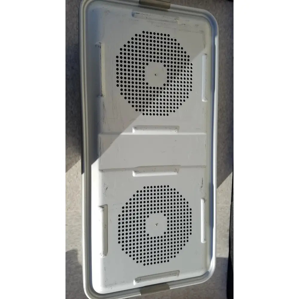White plastic container with two circular perforated sections and handle for medline aluminum storage and sterilization use