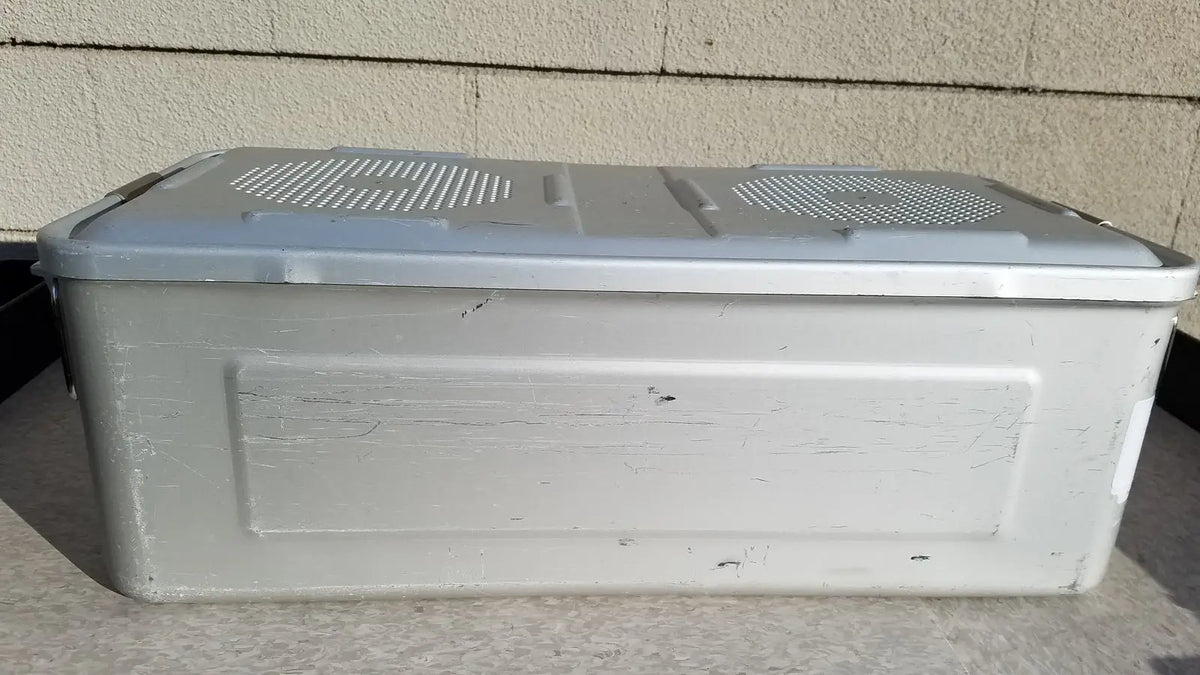 Gray plastic storage box with hinged lid and circular vents for medline aluminum storage and sterilization use