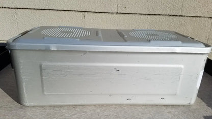 Gray plastic storage box with hinged lid and circular vents for medline aluminum storage and sterilization use