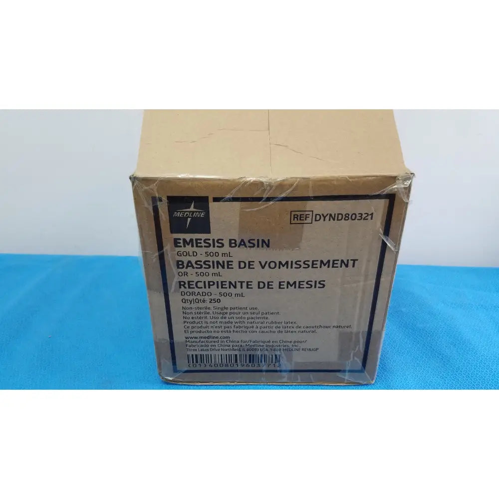 Medline emesis basins gold 500 ml non-sterile kidney dishes displayed in a cardboard box for medical use